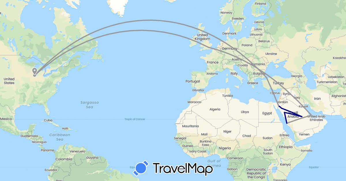 TravelMap itinerary: driving, plane in United Kingdom, Jordan, Qatar, Saudi Arabia, Turkey, United States (Asia, Europe, North America)